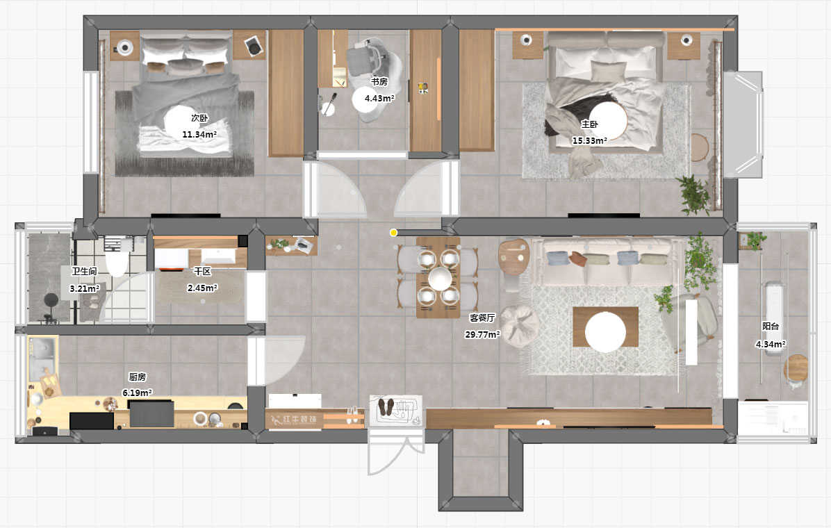 朱彦｜华阳佳园华清苑109-201-98㎡-北欧风格｜2室2厅1卫｜老房装修｜定制家｜全包12万｜00_03平面彩图